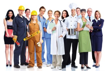 People from different professional groups next to each other as a full-length portrait.