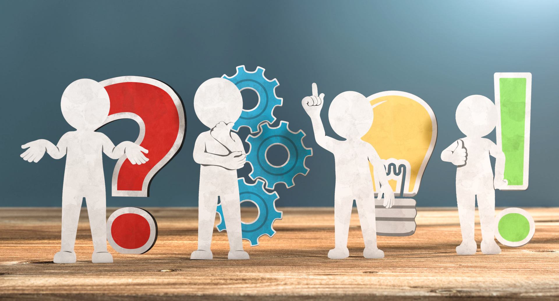 Vier weiße Männchen mit jeweils einem farbigen Symbol neben sich.