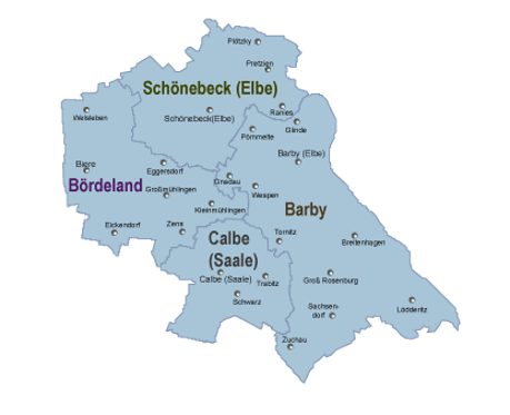 Karte der Ortschaften im Zuständigkeitsbereich des Jobcenter Standortes Schönebeck