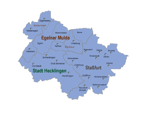 Karte der Ortschaften im Zuständigkeitsbereich des Jobcenter Standortes Staßfurt