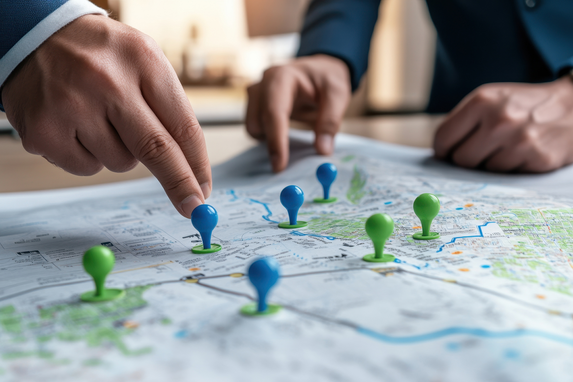 Strategic expansion: fingers pointing at a map for market entry opportunities and growth strategies