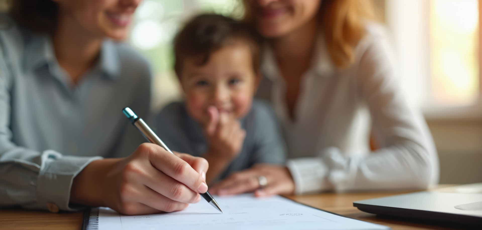 Firma Una familia joven con un bebé firma un documento.