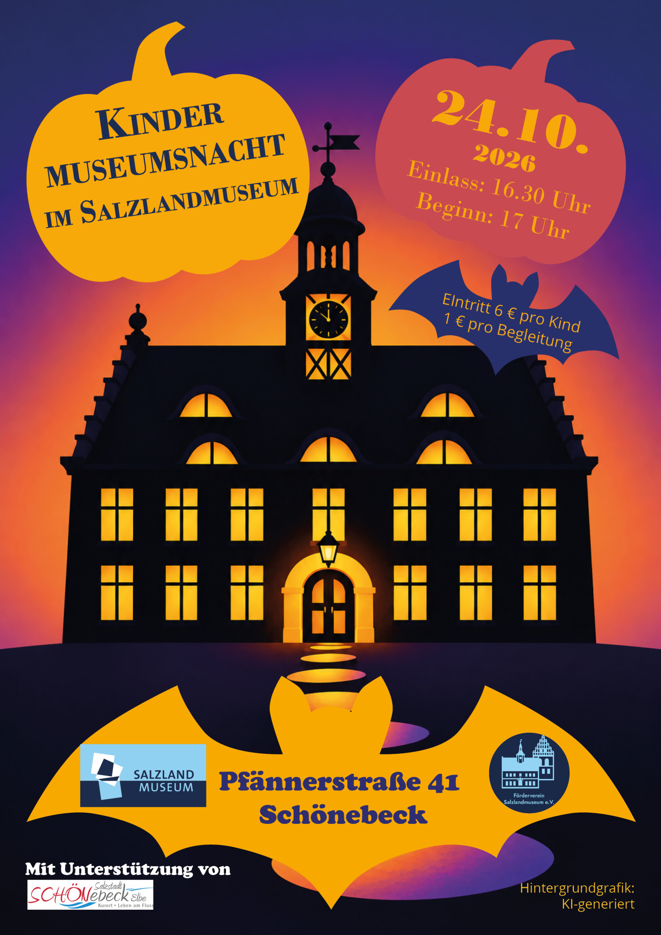 Cartel del evento «Noche de los museos infantiles» en el Salzlandmuseum de Schönebeck, el 24 de octubre de 2026