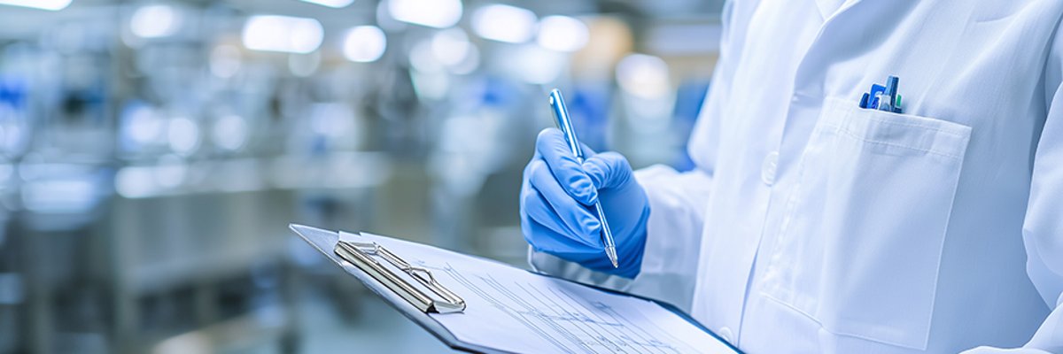 inspector de seguridad alimentaria en un laboratorio con portapapeles y bolígrafo, bata blanca y guantes azules, centrado en la higiene y el control de calidad