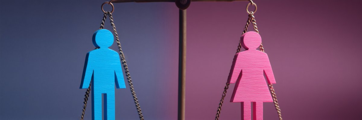 Hombre y mujer en una balanza. Simbolizan la igualdad, el equilibrio y la paridad entre hombres y mujeres. Igualdad salarial.