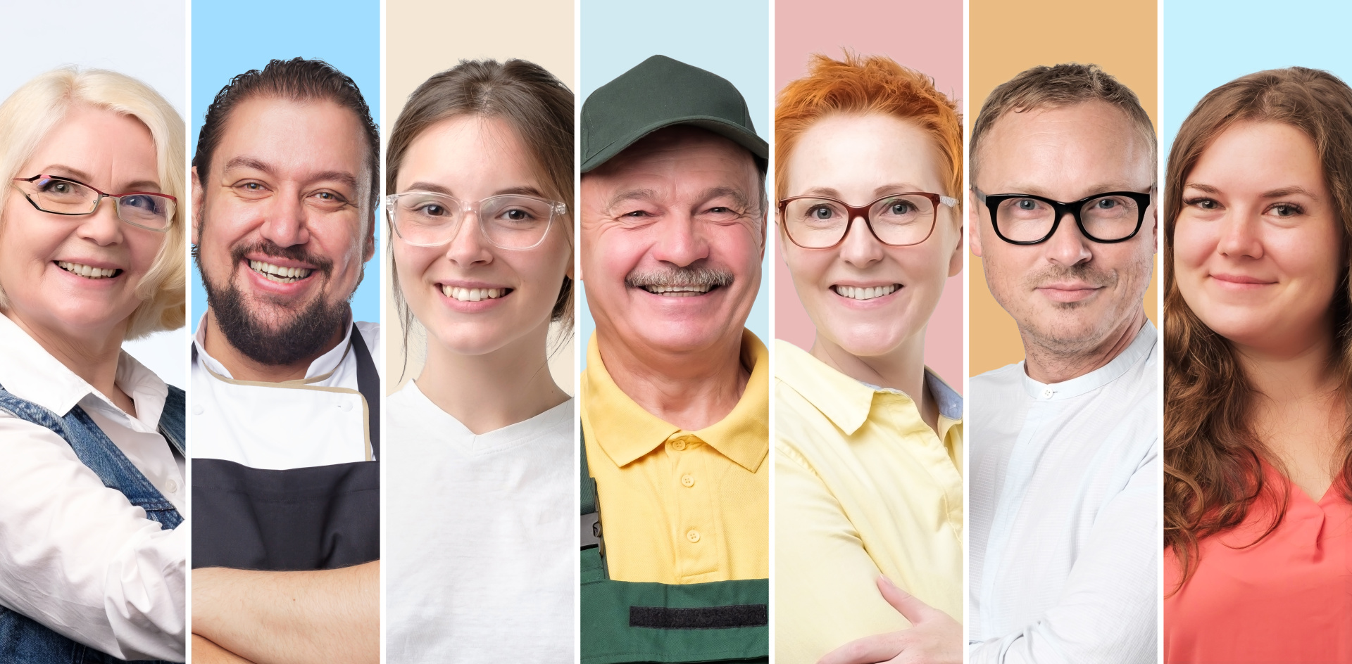 Collage aus mehreren Gesichtern. Die Gesichter stellen verschiedene Berufsfelder dar.