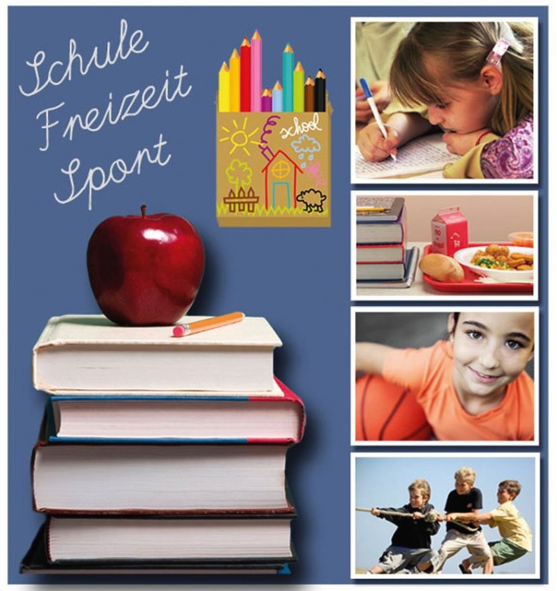 Collage mit Apfel, Stiften, Schulbüchern und Kindern.