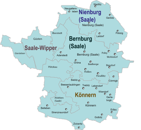 Karte der Ortschaften im Zuständigkeitsbereich des Jobcenter Standortes Bernburg