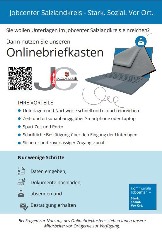 Symbolische Darstellung eines Briefumschlages der aus einem Laptop fliegt. Kurze Erläuterung zum Onlinebriefkasten.