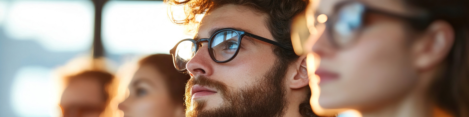 Verschiedene Gesichter, teils mit Brille, nebeneinander nach links oben blickend.