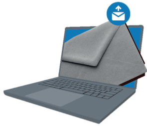 Symbolische Darstellung eines Briefumschlages der aus einem Laptop fliegt.