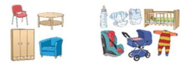 Wohnraum- und Babyausstattung Symbolbild mit Möbeln und Babyutensilien.